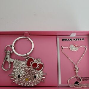 Sanrio Hello Kitty CZ & fine silver plated keychain & bracelet gift set New